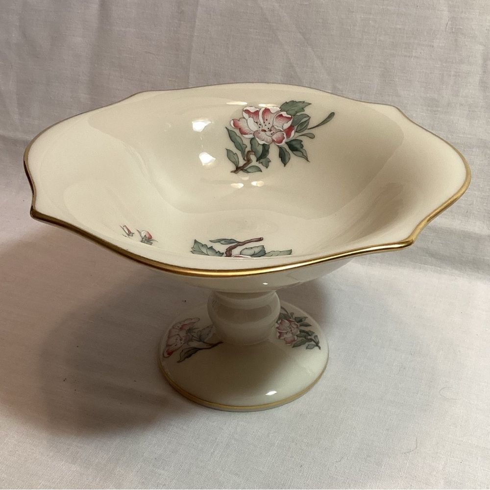 Lenox Serenade Floral Footed Bowl with Bird Design Cream & Gold USA Made Dish